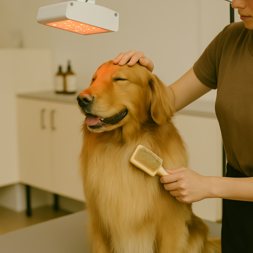 Toilettage en cours – soins attentifs et personnalisés chez L’Éclat Canin - luminothérapie