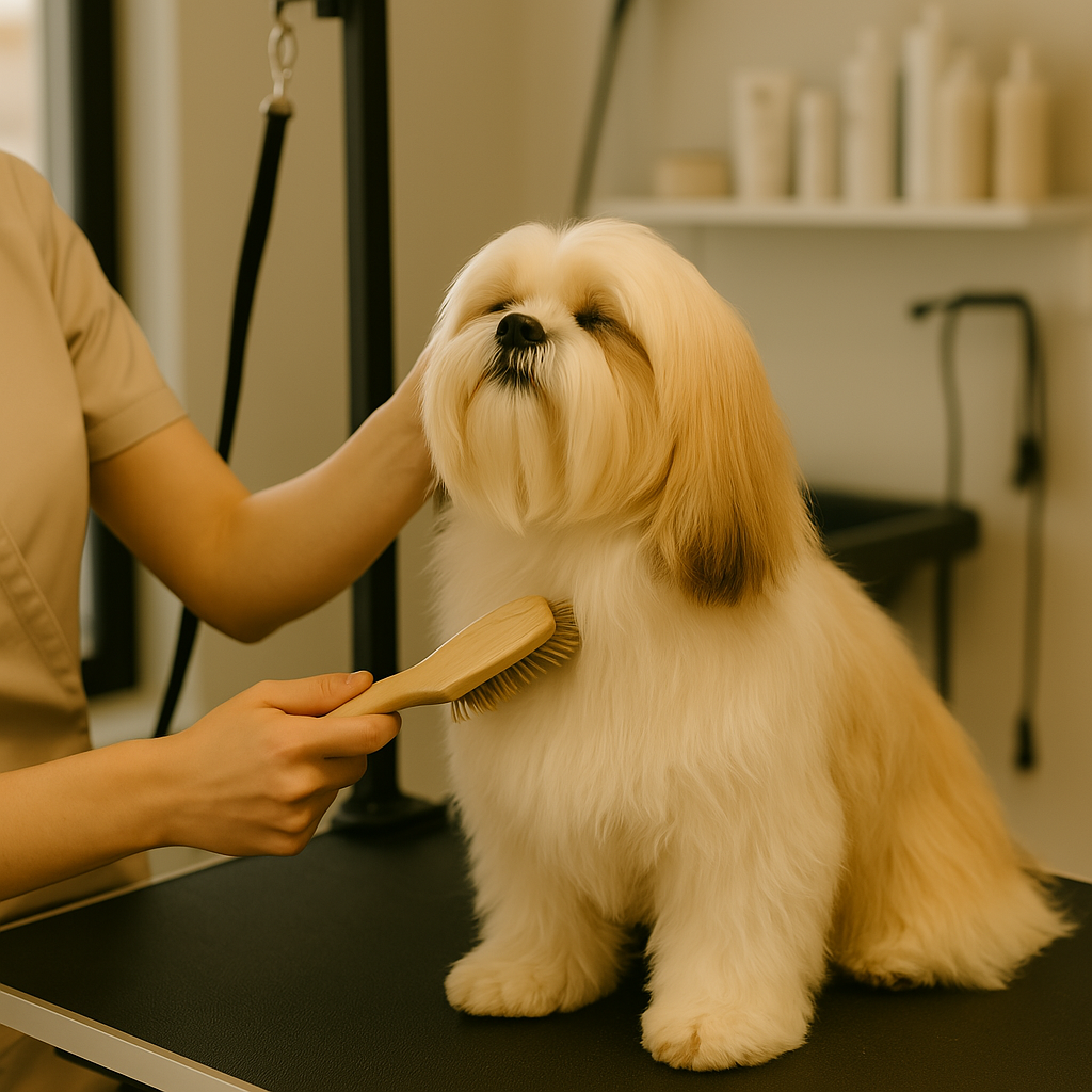 Toilettage en cours – soins attentifs et personnalisés chez L’Éclat Canin - luminothérapie