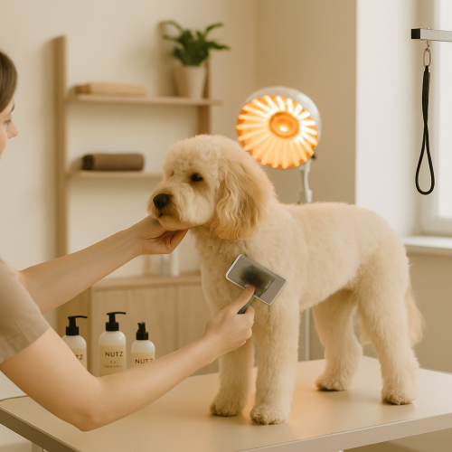 Toilettage en cours – soins attentifs et personnalisés - luminothérapie - soin bien-être proposé par L’Éclat Canin