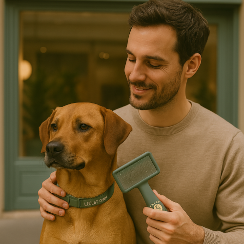 Client satisfait après une séance de toilettage haut de gamme – L’Éclat Canin